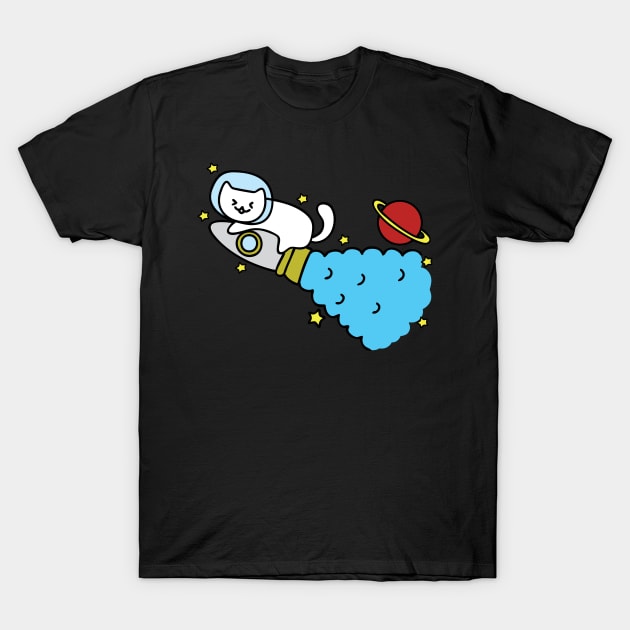 Cat Space Traveler on a Rocket in Space T-Shirt by FrogAndToadsWorkshop